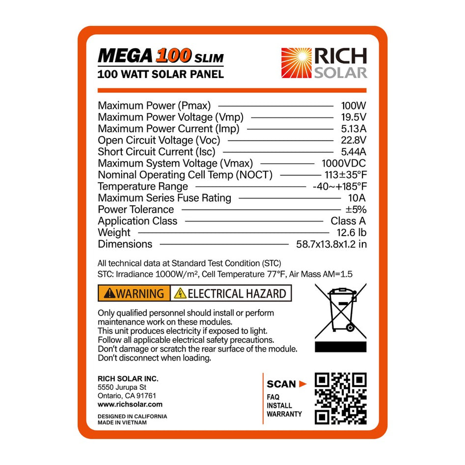 Rich Solar MEGA 100 SLIM | 100 Watt Monocrystalline Solar Panel | Best 12V Slim Panel for VAN RVs and Off-Grid | 25-Year Output Warranty