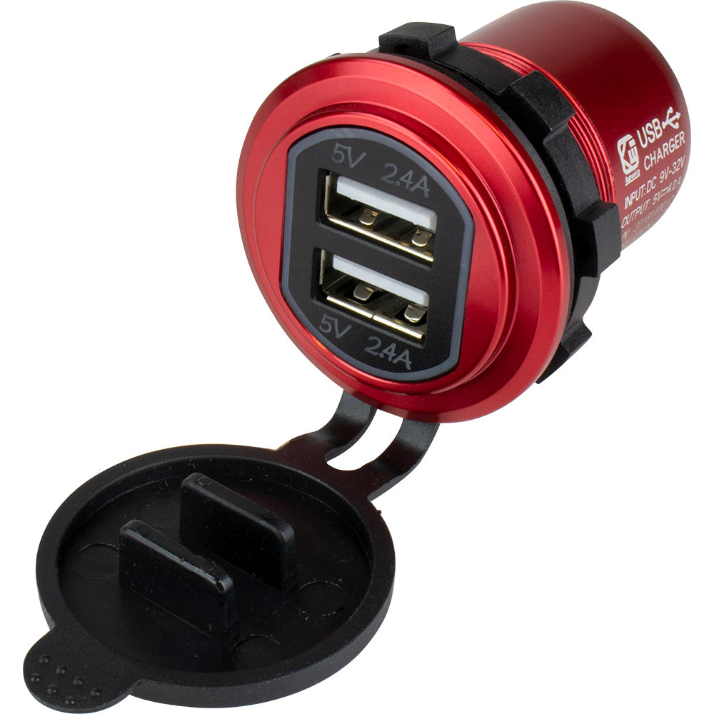 Sea-Dog Round Red Dual USB Charger w/1 Quick Charge Port + - 426504-1