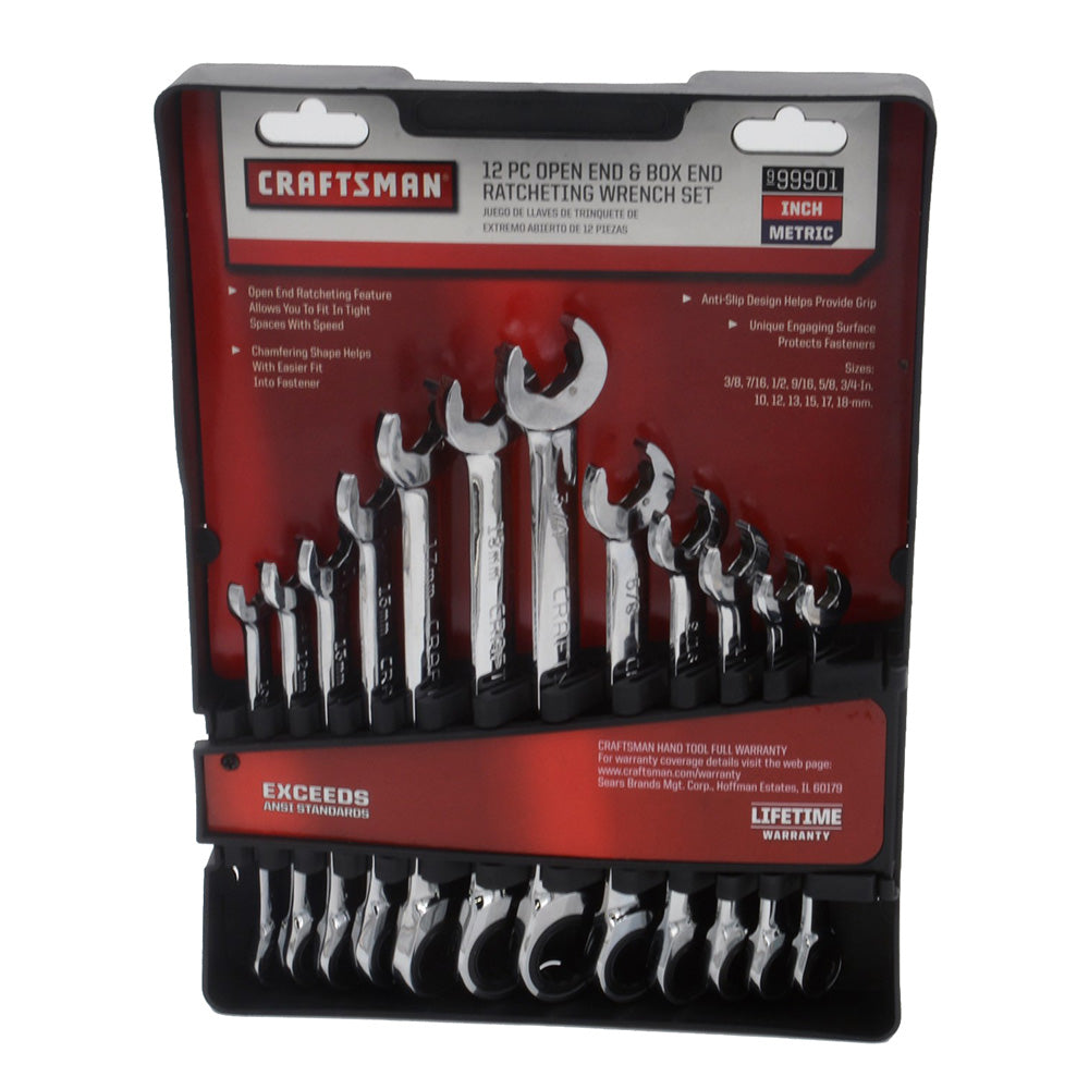 CRAFTSMAN® 12-Piece Open End & Box End Ratcheting Wrench Set - Metric & SAE - 99901