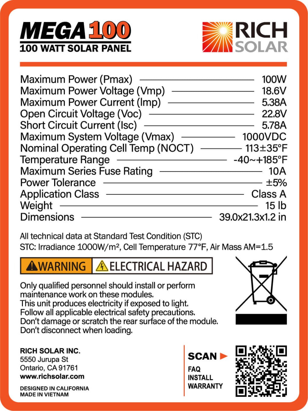 Rich Solar Mega 100 Watt Solar Panel 600VDC