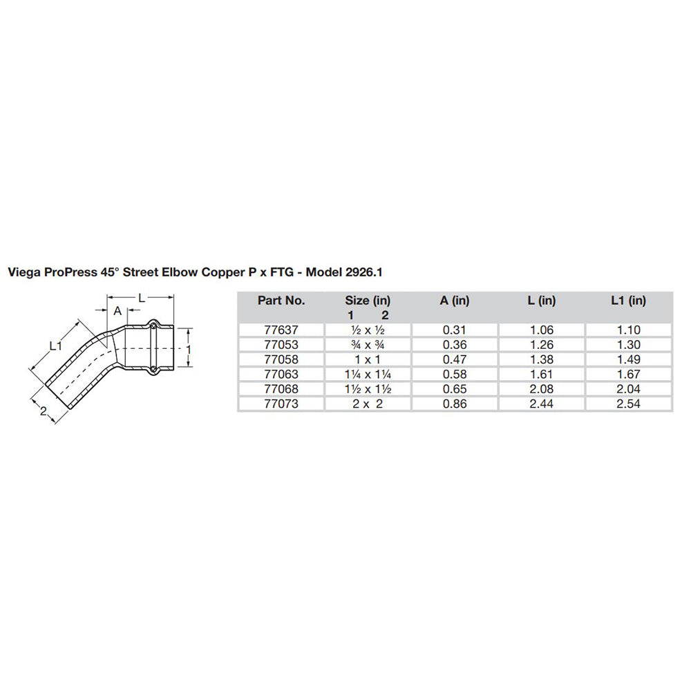 Viega ProPress 1-1/2" - 45° Copper Elbow - Street/Press Connection - Smart Connect Technology - 77068