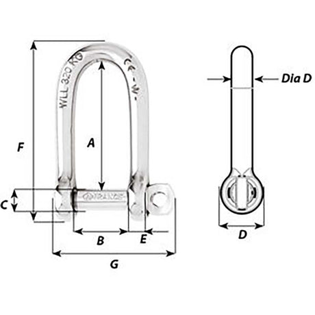Wichard Self-Locking Long D Shackle - Diameter 6mm - 1/4" - 1213