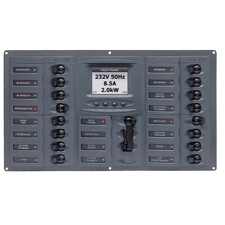 BEP AC Circuit Breaker Panel w/Digital Meters, 16SP 2DP AC230V ACSM Stainless Steel Horizontal - 900-AC4-ACSM - CW59033 - Avanquil