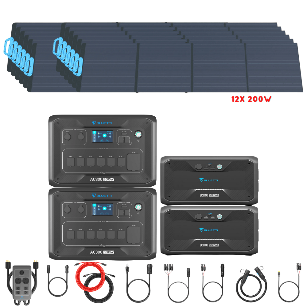 Bluetti [DUAL] AC300 6,000W 240V Split Phase + B300 Batteries + Solar Panels Complete Solar Generator Kit - BP-AC300[2]+P030A+B300[2]+PV200[12]+RS-50102[4] - Avanquil