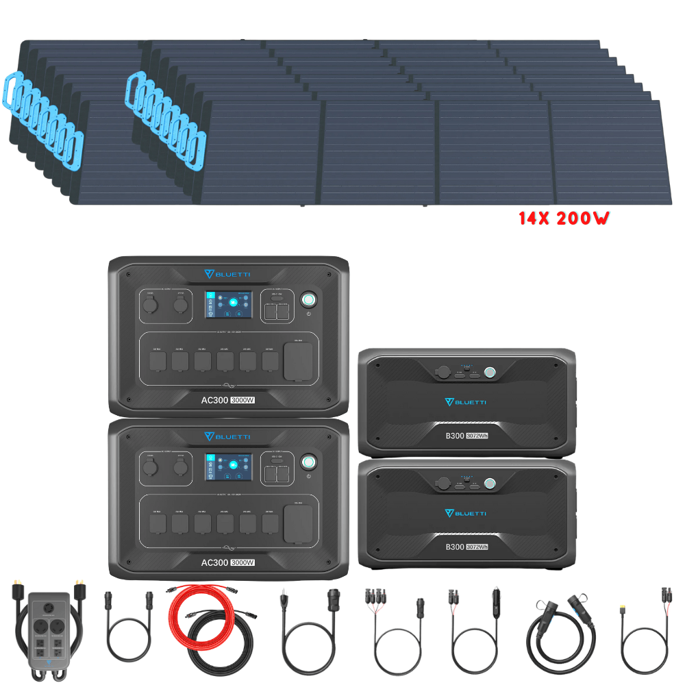 Bluetti [DUAL] AC300 6,000W 240V Split Phase + B300 Batteries + Solar Panels Complete Solar Generator Kit - BP-AC300[2]+P030A+B300[2]+PV200[14]+RS-50102[4] - Avanquil