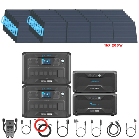 Bluetti [DUAL] AC300 6,000W 240V Split Phase + B300 Batteries + Solar Panels Complete Solar Generator Kit - BP-AC300[2]+P030A+B300[2]+PV200[16]+RS-50102[4] - Avanquil