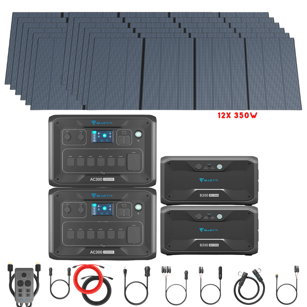 Bluetti [DUAL] AC300 6,000W 240V Split Phase + B300 Batteries + Solar Panels Complete Solar Generator Kit - BP-AC300[2]+P030A+B300[2]+PV350[12]+RS-50102[4] - Avanquil