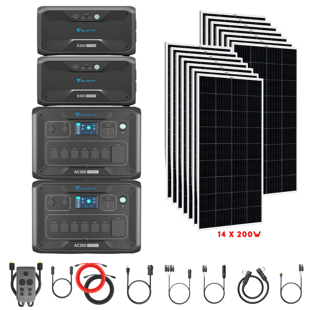 Bluetti [DUAL] AC300 6,000W 240V Split Phase + B300 Batteries + Solar Panels Complete Solar Generator Kit - BP-AC300[2]+P030A+B300[2]+RS-M200[14]+RS-50102[4] - Avanquil