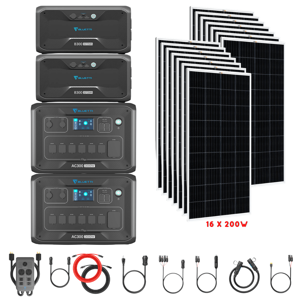 Bluetti [DUAL] AC300 6,000W 240V Split Phase + B300 Batteries + Solar Panels Complete Solar Generator Kit - BP-AC300[2]+P030A+B300[2]+RS-M200[16]+RS-50102[4] - Avanquil