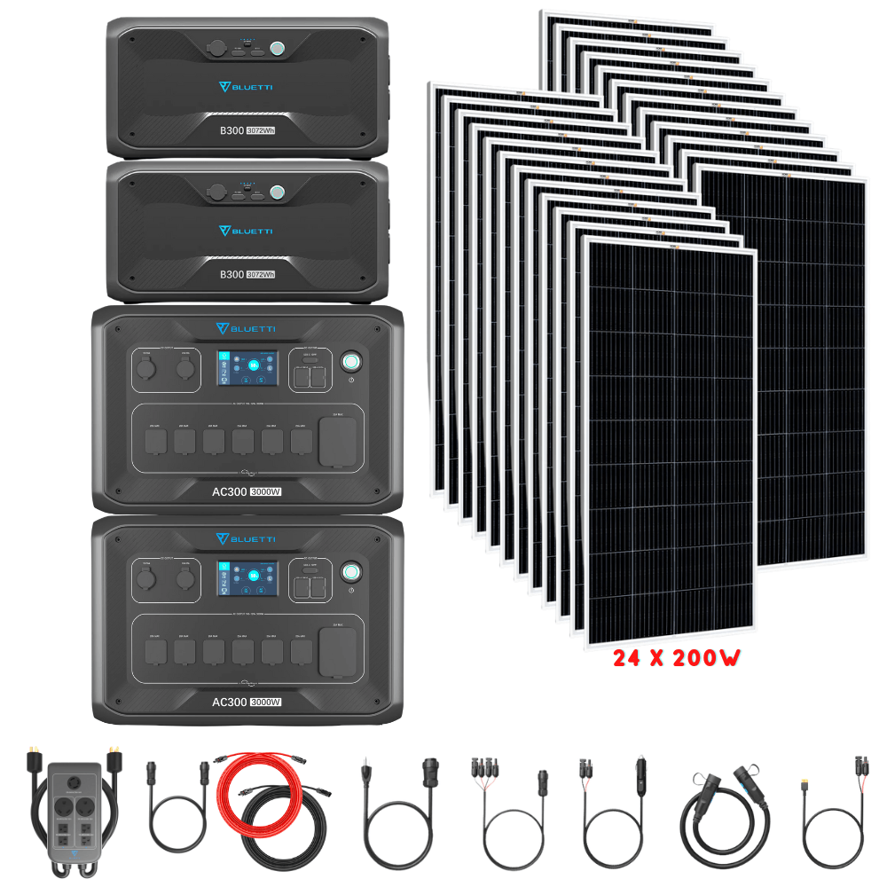 Bluetti [DUAL] AC300 6,000W 240V Split Phase + B300 Batteries + Solar Panels Complete Solar Generator Kit - BP-AC300[2]+P030A+B300[2]+RS-M200[24]+RS-50102[4] - Avanquil
