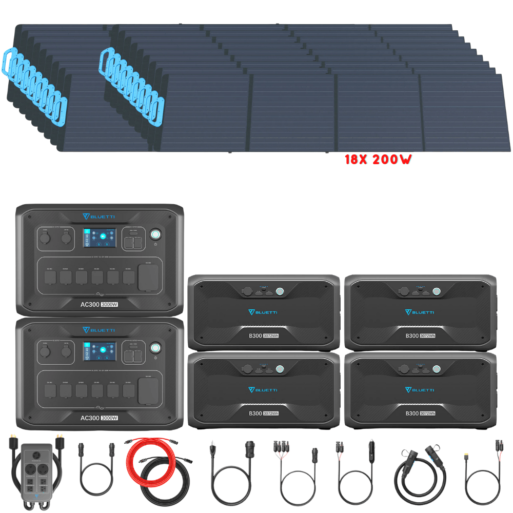 Bluetti [DUAL] AC300 6,000W 240V Split Phase + B300 Batteries + Solar Panels Complete Solar Generator Kit - BP-AC300[2]+P030A+B300[4]+PV200[18]+RS-50102[4] - Avanquil