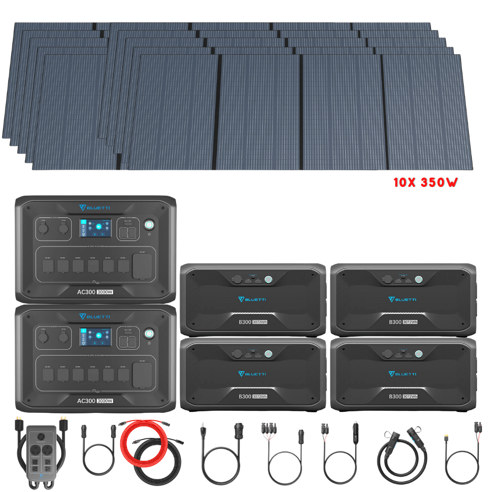 Bluetti [DUAL] AC300 6,000W 240V Split Phase + B300 Batteries + Solar Panels Complete Solar Generator Kit - BP-AC300[2]+P030A+B300[4]+PV350[10]+RS-50102[4] - Avanquil