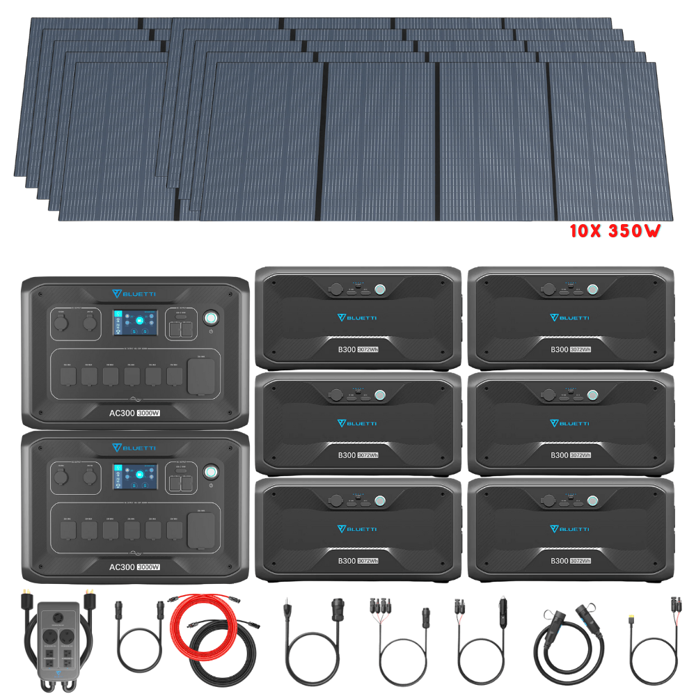 Bluetti [DUAL] AC300 6,000W 240V Split Phase + B300 Batteries + Solar Panels Complete Solar Generator Kit - BP-AC300[2]+P030A+B300[4]+PV350[12]+RS-50102[4] - Avanquil