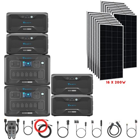 Bluetti [DUAL] AC300 6,000W 240V Split Phase + B300 Batteries + Solar Panels Complete Solar Generator Kit - BP-AC300[2]+P030A+B300[4]+RS-M200[16]+RS-50102[4] - Avanquil