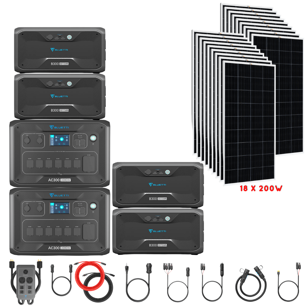 Bluetti [DUAL] AC300 6,000W 240V Split Phase + B300 Batteries + Solar Panels Complete Solar Generator Kit - BP-AC300[2]+P030A+B300[4]+RS-M200[18]+RS-50102[4] - Avanquil