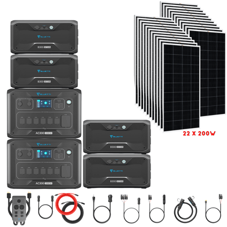 Bluetti [DUAL] AC300 6,000W 240V Split Phase + B300 Batteries + Solar Panels Complete Solar Generator Kit - BP-AC300[2]+P030A+B300[4]+RS-M200[22]+RS-50102[4] - Avanquil