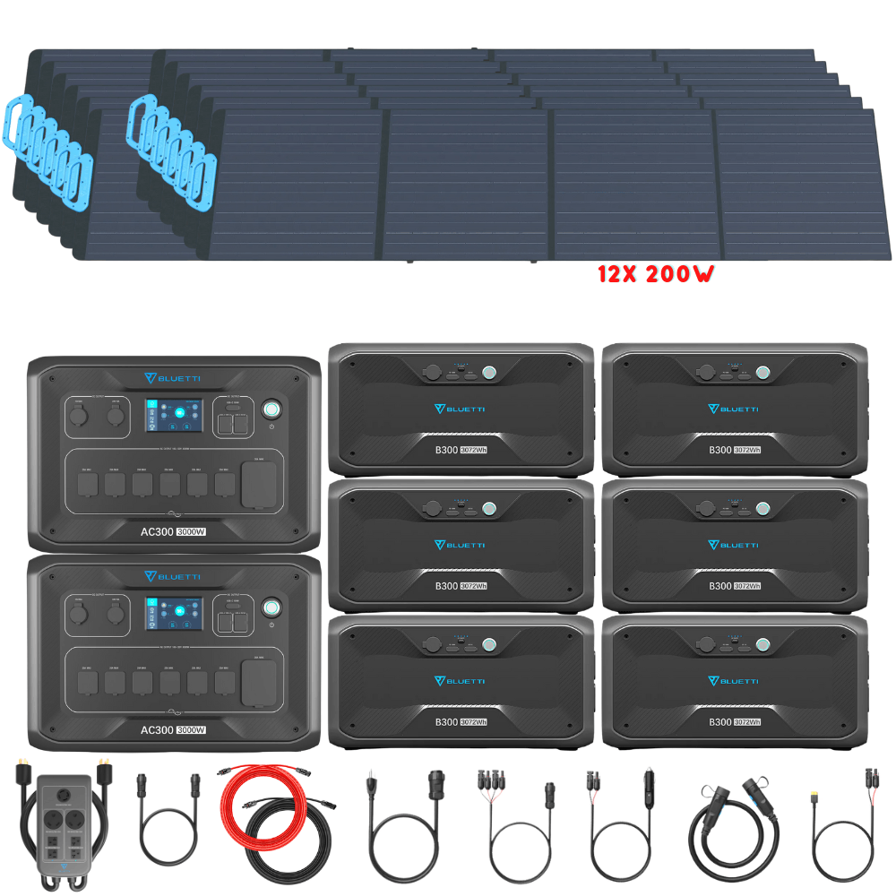 Bluetti [DUAL] AC300 6,000W 240V Split Phase + B300 Batteries + Solar Panels Complete Solar Generator Kit - BP-AC300[2]+P030A+B300[6]+PV200[12]+RS-50102[4] - Avanquil