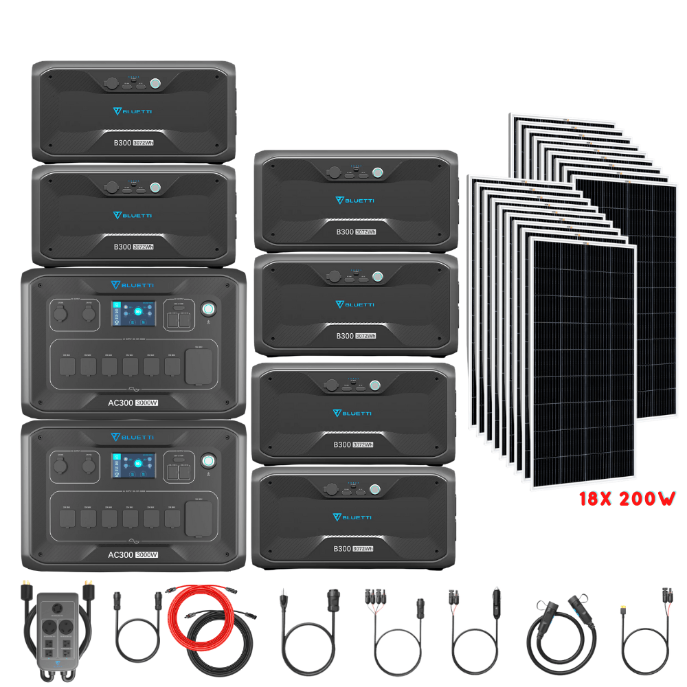 Bluetti [DUAL] AC300 6,000W 240V Split Phase + B300 Batteries + Solar Panels Complete Solar Generator Kit - BP-AC300[2]+P030A+B300[6]+RS-M200[18]+RS-50102[4] - Avanquil