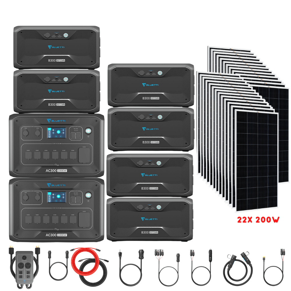 Bluetti [DUAL] AC300 6,000W 240V Split Phase + B300 Batteries + Solar Panels Complete Solar Generator Kit - BP-AC300[2]+P030A+B300[6]+RS-M200[22]+RS-50102[4] - Avanquil