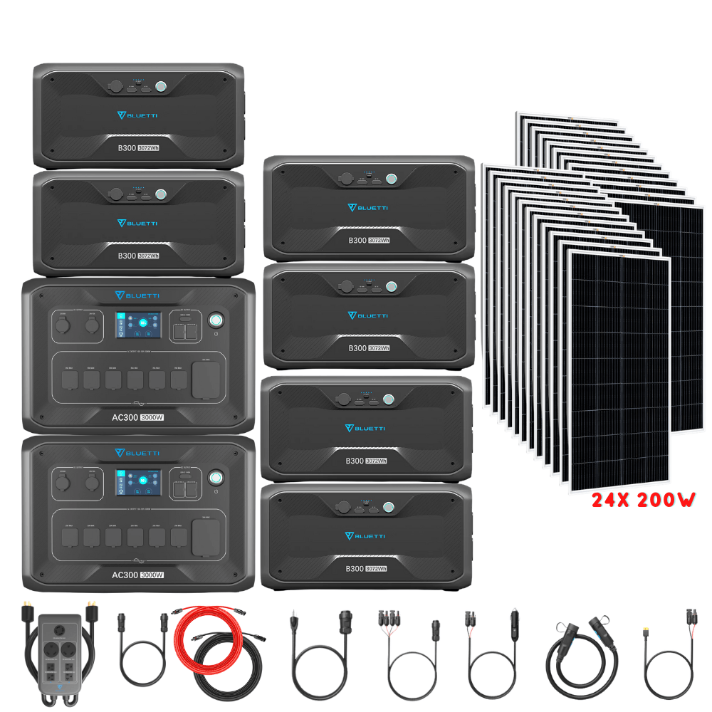 Bluetti [DUAL] AC300 6,000W 240V Split Phase + B300 Batteries + Solar Panels Complete Solar Generator Kit - BP-AC300[2]+P030A+B300[6]+RS-M200[24]+RS-50102[4] - Avanquil