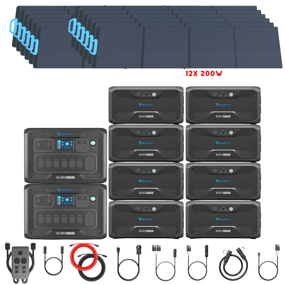 Bluetti [DUAL] AC300 6,000W 240V Split Phase + B300 Batteries + Solar Panels Complete Solar Generator Kit - BP-AC300[2]+P030A+B300[8]+PV200[12]+RS-50102[4] - Avanquil