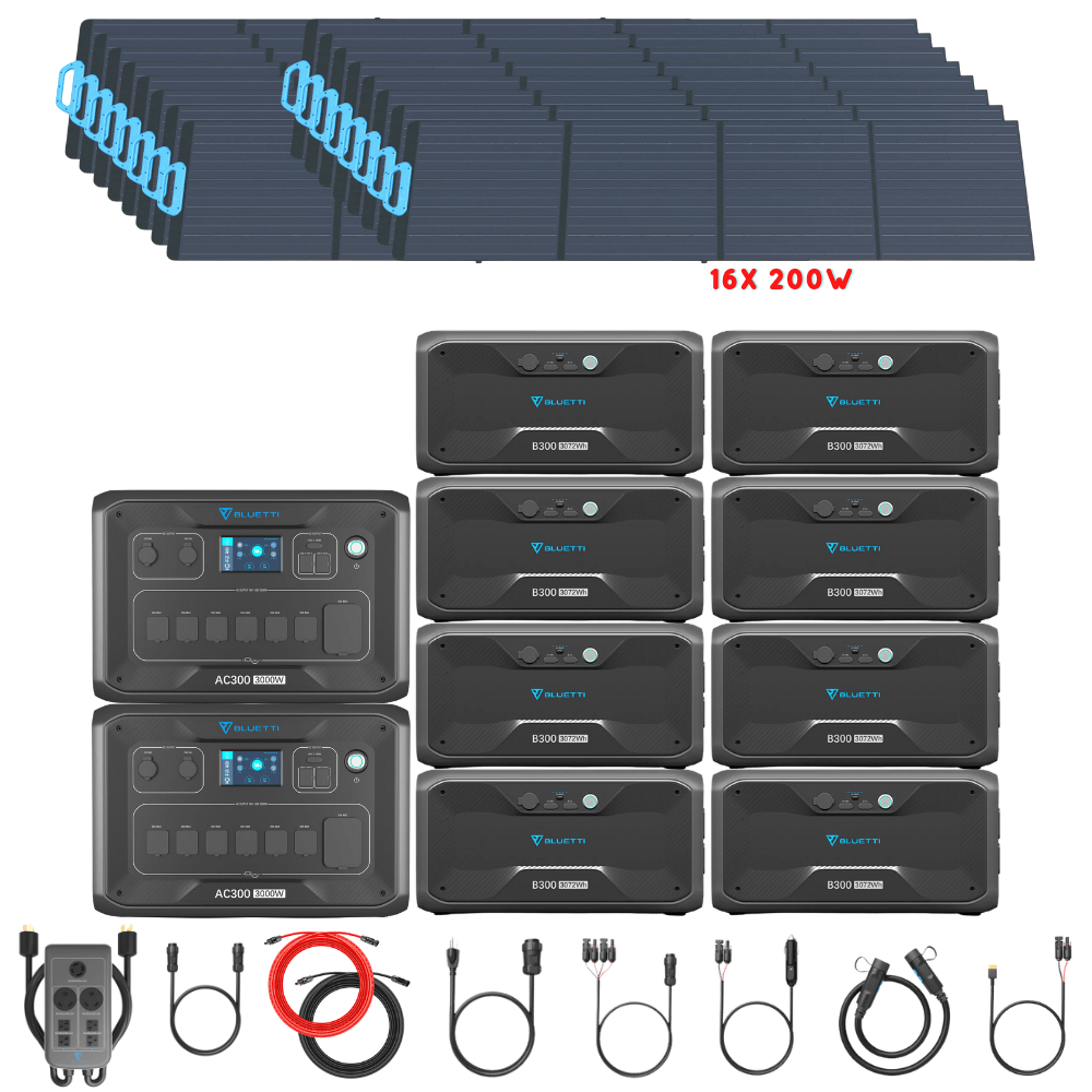Bluetti [DUAL] AC300 6,000W 240V Split Phase + B300 Batteries + Solar Panels Complete Solar Generator Kit - BP-AC300[2]+P030A+B300[8]+PV200[16]+RS-50102[4] - Avanquil