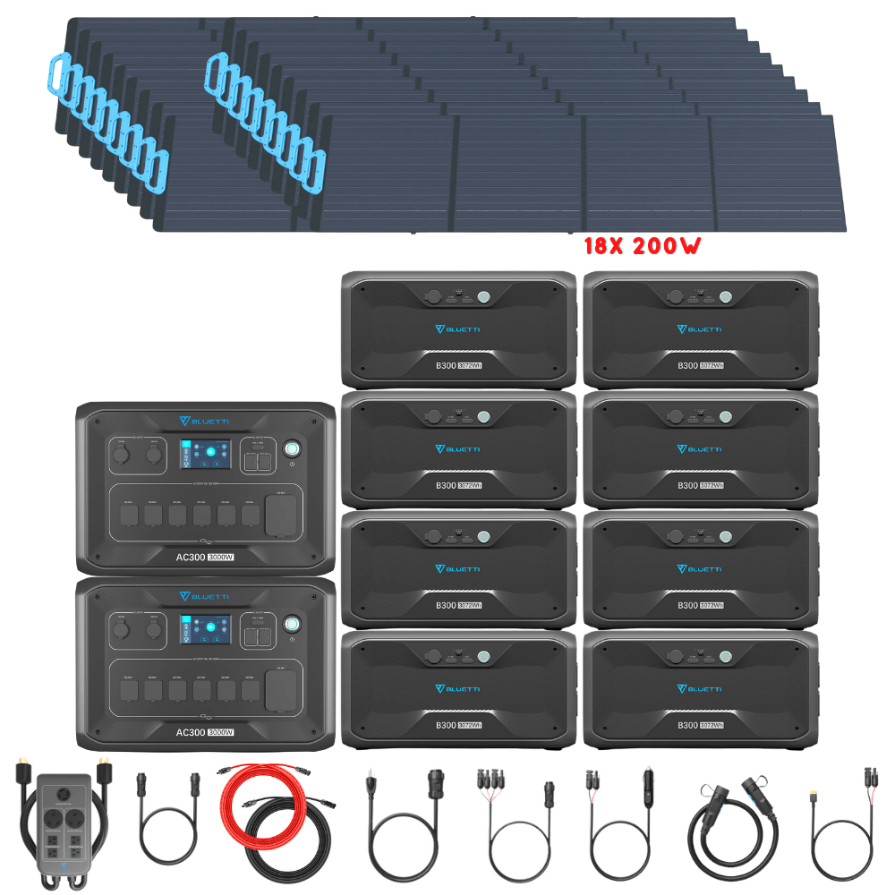 Bluetti [DUAL] AC300 6,000W 240V Split Phase + B300 Batteries + Solar Panels Complete Solar Generator Kit - BP-AC300[2]+P030A+B300[8]+PV200[18]+RS-50102[4] - Avanquil