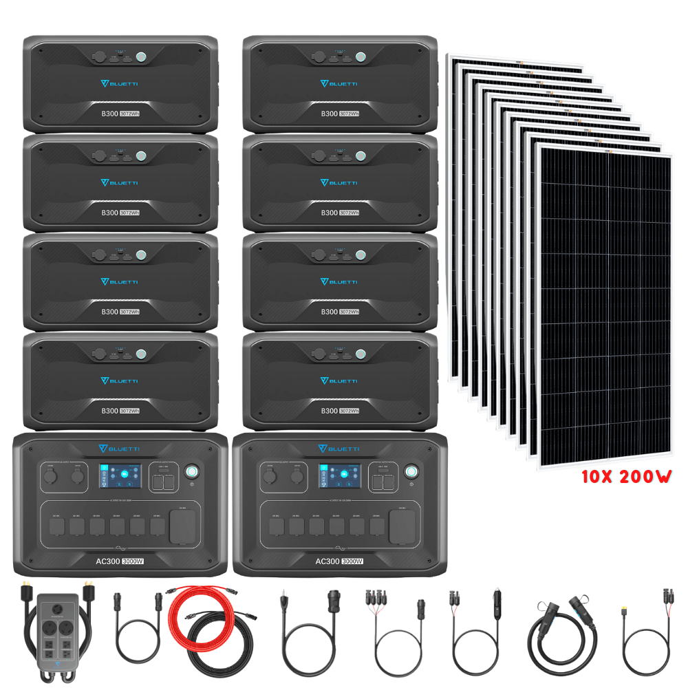 Bluetti [DUAL] AC300 6,000W 240V Split Phase + B300 Batteries + Solar Panels Complete Solar Generator Kit - BP-AC300[2]+P030A+B300[8]+RS-M200[10]+RS-50102[2] - Avanquil