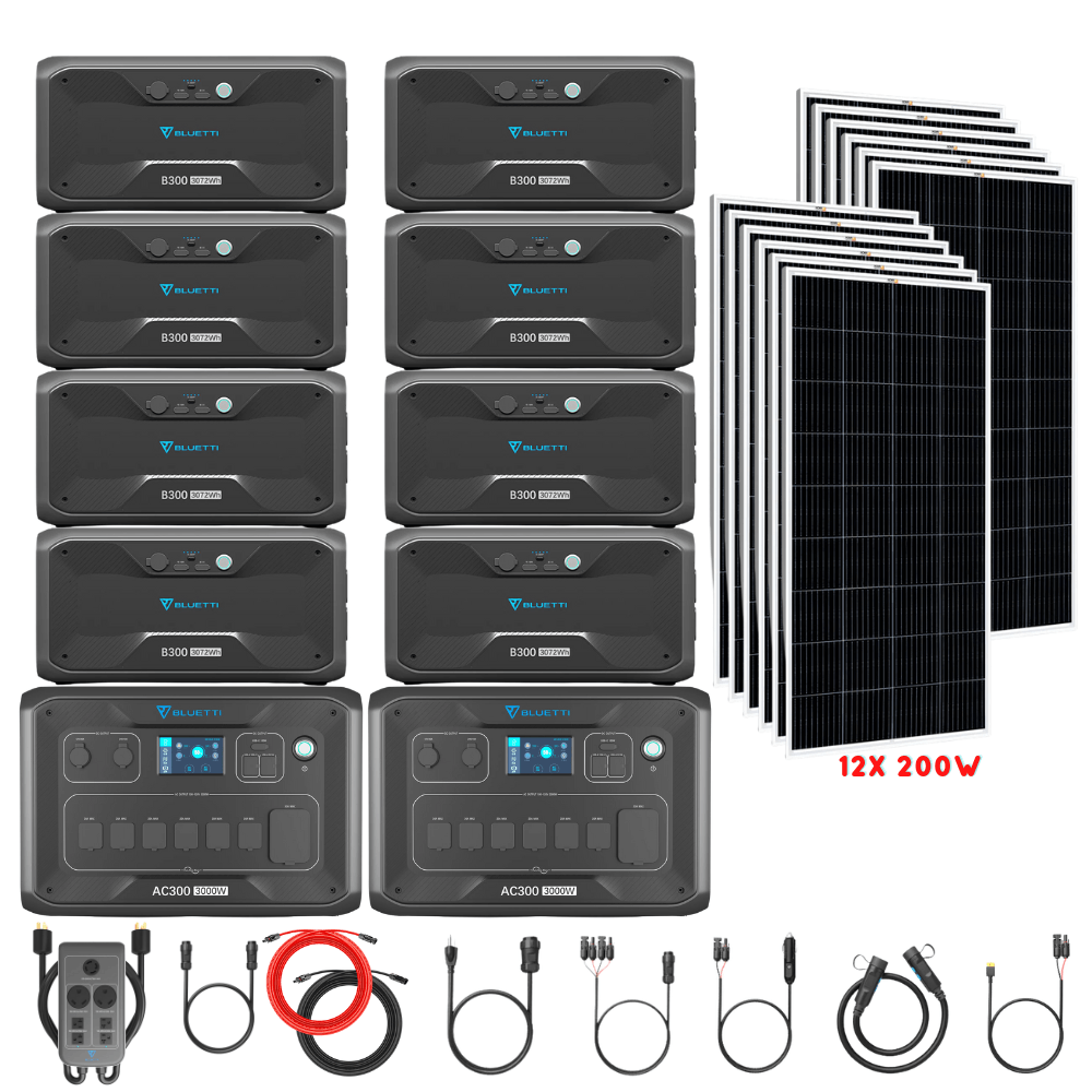 Bluetti [DUAL] AC300 6,000W 240V Split Phase + B300 Batteries + Solar Panels Complete Solar Generator Kit - BP-AC300[2]+P030A+B300[8]+RS-M200[12]+RS-50102[2] - Avanquil