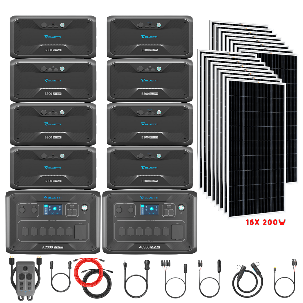 Bluetti [DUAL] AC300 6,000W 240V Split Phase + B300 Batteries + Solar Panels Complete Solar Generator Kit - BP-AC300[2]+P030A+B300[8]+RS-M200[16]+RS-50102[4] - Avanquil