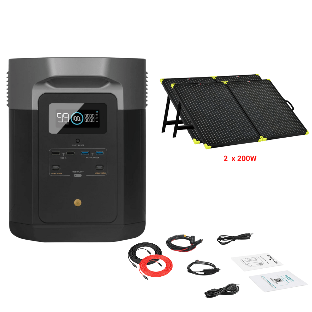 EcoFlow DELTA Max 1612Wh 2000W + Solar Panels Complete Solar Generator Kit - EF-Max1600+XT60+RS-X200B[2]+RS-30102 - Avanquil