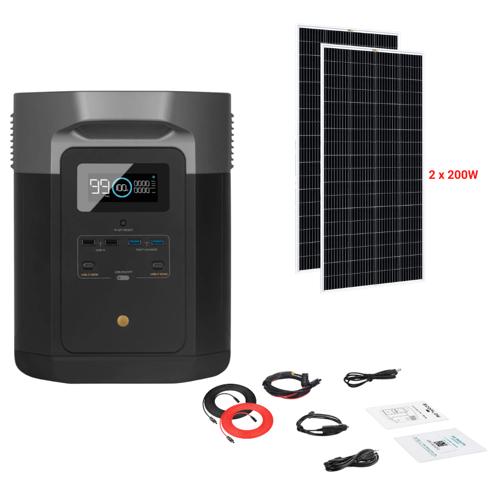EcoFlow DELTA Max 2016Wh 2400W + Solar Panels Complete Solar Generator Kit - EF-Max2000+XT60+RS-M200[2]+RS-30102 - Avanquil