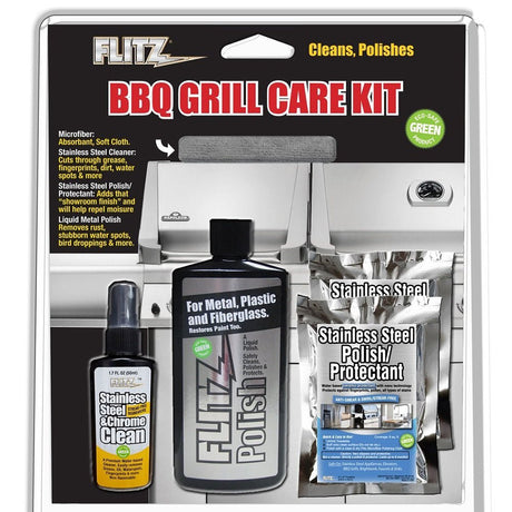 Flitz BBQ Grill Care Kit w/Liquid Metal Polish, Stainless Steel Cleaner, Stainless Steel Polish/Protectant Towelettes & Microfiber Cloth - BBQ 41504 - CW45111 - Avanquil