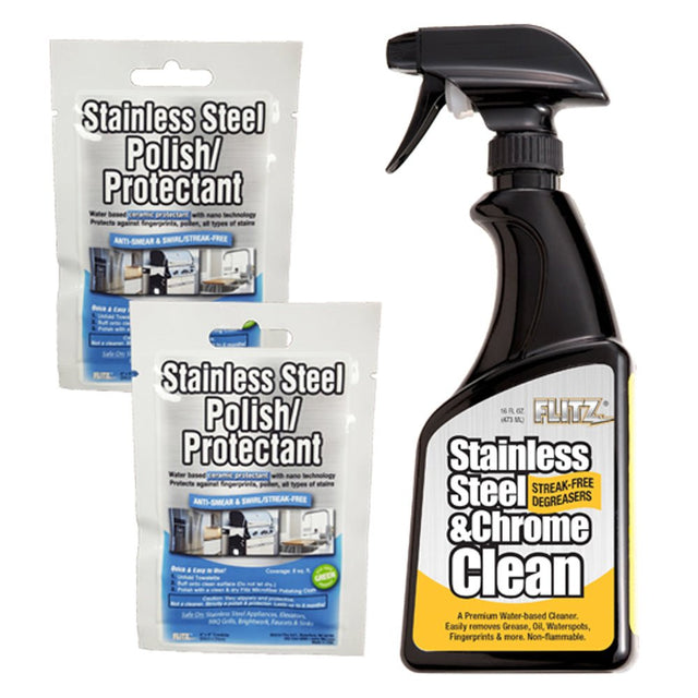 Flitz Stainless Steel & Chrome Cleaner w/Degreaser 16oz Spray Bottle w/2 Stainless Steel Polish/Protectant Towelette Packets - SPO1506SS01301 - CW83284 - Avanquil